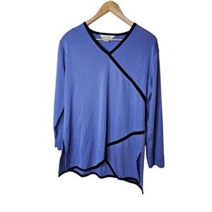 Exclusively Misook Periwinkle/Black Trimmed Faux Wrap Tunic Sweater Size Large